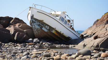 Detailed view of a recreational boat stranded on rocky shores due to a collision.の素材
