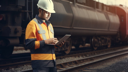 A railway engineer, in full safety attire and helmet, monitors the construction of an oil cargo train track at a railroad station using a tablet.の素材