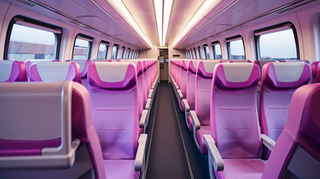 An unoccupied passenger train cabin with comfortable violet or purple seats.の素材