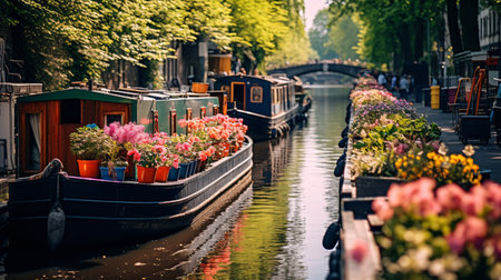 The canal banks are adorned with a charming array of houseboats and narrow boats in neat rows.の素材