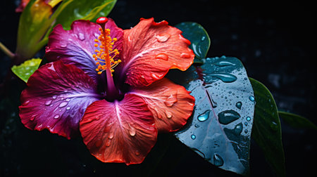 Exotic hibiscus flower stands out on a tropical foliage canvas.の素材