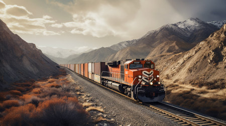 A robust freight train winds its way through a challenging terrain, laden with shipping containers.の素材