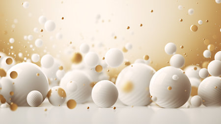 Abstract backdrop featuring 3D spheres in gold and white hues, conveying a sense of luxury.の素材