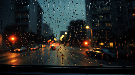 Rain trickled down the glass at night.の素材