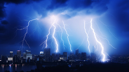 A thunderous electrical storm glowed azure above the metropolis.の素材