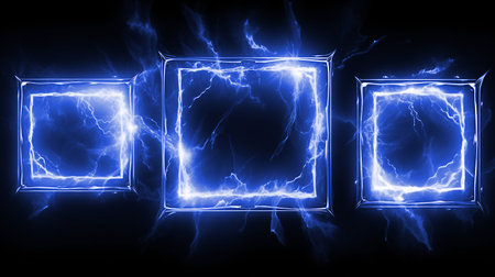 Electric blue borders of square and rectangular shapes with lightning bolt effect, isolated photoframes with magical energy flash.の素材