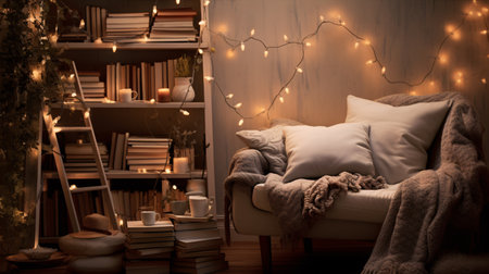 A snug refuge embellished with fairy lights and piles of books, ideal for conveying serenity, flight, or hygge-influenced material.の素材