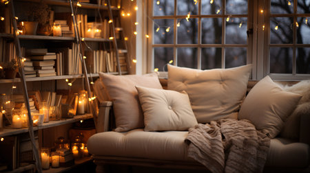 A snug spot adorned with twinkling lights and piles of volumes embodying repose, retreat, or hygge-inspired ideas.の素材