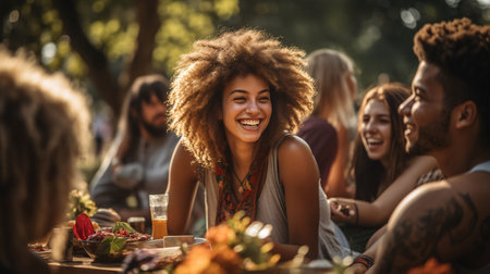 A multicultural assembly of companions having a leisurely alfresco meal in the open, symbolizing solidarity and inclusion.の素材