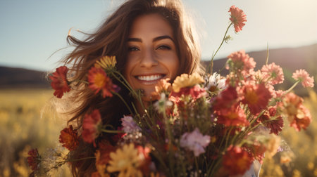 A vivacious close-up of a youthful female cradling a gaudy bouquet of blooming weeds in a radiant meadow, radiating delight and delight.の素材