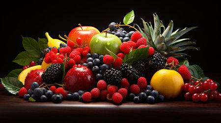 An artistic still life depicting an artistic arrangement of various ripe fruits.の素材