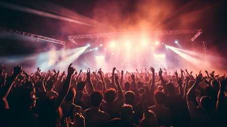 The lively audience at the music fest, with arms aloft in agreement to the luminous stage illumination, beautifully showcased the spirit of concert activities and collective enjoyment.の素材