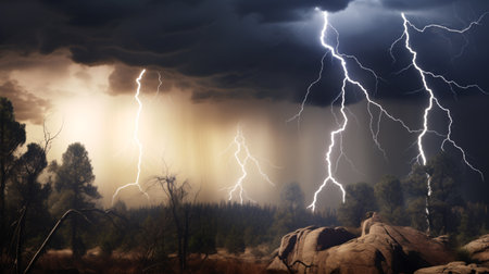 A thunderous storm with lightning illuminating the landscape.の素材
