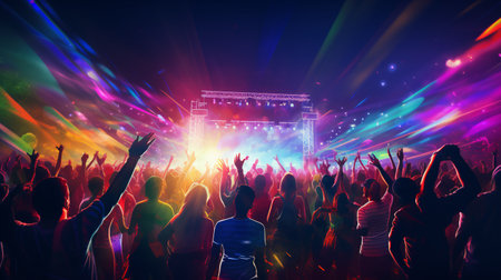 Joyous throng merrily participating in vivid live shows beneath a rainbow of twinkling stage illuminations at an al fresco gig.の素材