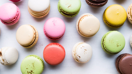 A tight view of vibrantly-hued macarons picturesquely organized on a marble slab is ideal for food and dessert aficionados.の素材