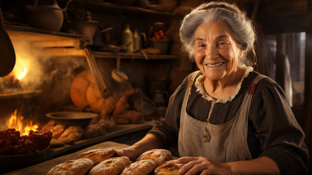 An elderly Latino female preparing homemade bread in her cookery.の素材