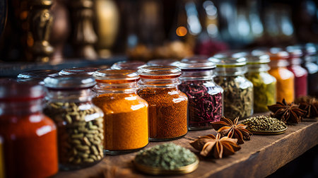 The richly-hued, textured spices in traditional glasses at a spice market are gorgeously displayed.の素材