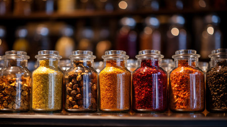 A closeup of bright-hued, textured spices in traditional flasks at a spice bazaar is to be seen.の素材
