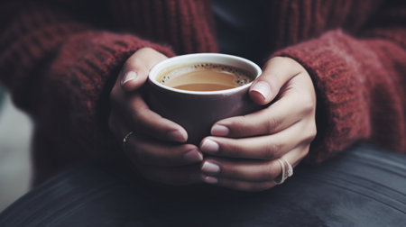 Cup-clasping hands in a close view display the tranquil tranquility brought by rumination.の素材