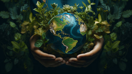 A dynamic visual portrayal showing hands grasping a sphere with prolific vegetation, representing the requirement for worldwide sustainability initiatives.の素材