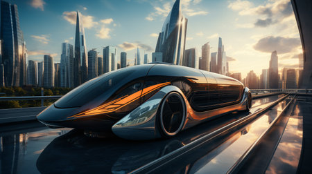 A modern electric vehicle riding on magnetically-powered rails amidst towering edifices is a vision of the future.の素材