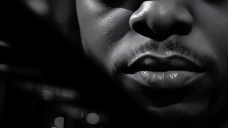 A tight, emotive close-up of a musician's eyes showing rapt absorption in the mellifluous jazz they are playing.の素材