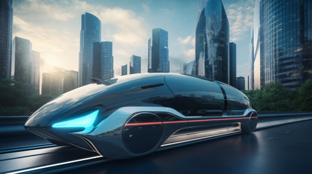 A sleek electric vehicle magnetically levitating along a sky-scraping skyline displays an innovative transport idea.の素材