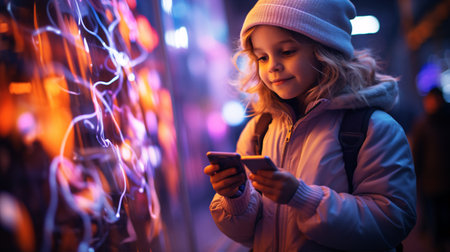 A juvenile female donning earphones while utilizing her mobile phone amid a backdrop of vivid neon illuminations.の素材