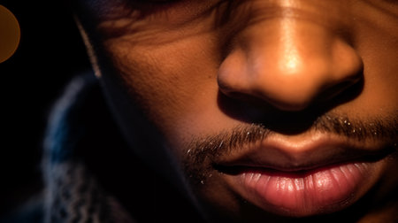 A tight close-up of the musician's emotive eyes shows the pensive rapture as they play a passionate jazz set.の素材