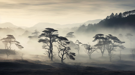A mysterious, ethereal beauty is created by the foggy silhouettes of trees in the misty morning.の素材