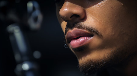 A tight-up shot portrays a musician's expressive eyes, bent on soulful tunes while playing a cozy jazz gig.の素材