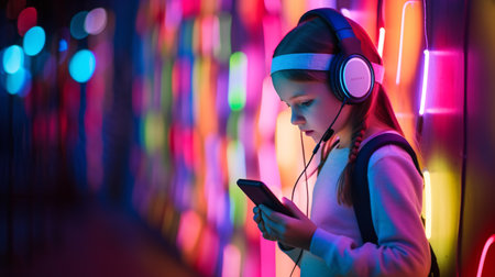 A juvenile female equipped with earphones utilizing a mobile phone, posing against a vividly lit backdrop.の素材