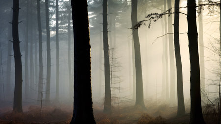 A misty, enigmatic morning enveloped the shadowy trees with a hazy radiance.の素材