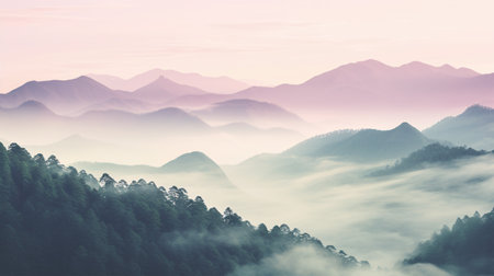 A tranquil duotone landscape of the outdoors' grandeur in calm green and delicate lavender is Nature's Harmony.の素材