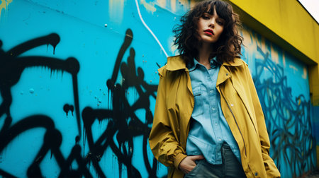 A fashionable model, clad in duo-colored apparel, strikes an effortless pose against a graffitied wall.の素材
