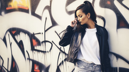 A fashionable model, backdropped by a spray-painted wall, is elegantly put together in monochrome tones for an effortless chill vibe.の素材