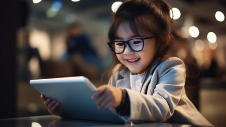 A beaming 3-year-old Asian toddler wearing glasses is delightfully perched on the ground, gazing absorbedly at a tablet.の素材