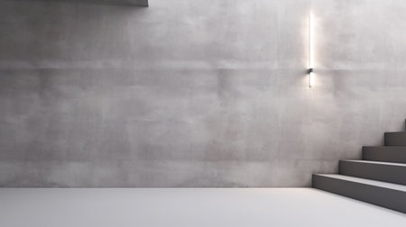 An angled view of a stairway of concrete, replicated in 3D, against an untouched wall.の素材