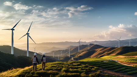Engineers in safety headgear inspect the bustling wind energy industry's turbines, against a view of verdant hills.の素材