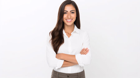 A jovial, dark-haired businessperson in a white blouse, grinning confidently with her arms crossed, is set against a plain background.の素材