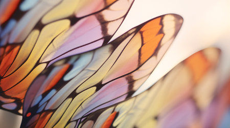 A mesmerizing closeup of beautiful, vibrant butterfly wings in perfect clarity, perfect for nature lovers or whimsical designs.の素材