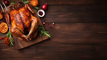 A festively-prepared turkey was positioned on a quaint wooden table.の素材