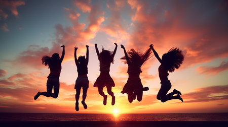 Friends leaping joyously with arms aloft in front of a lively sunset.の素材