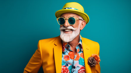 Amusing elderly retiree in stylish attire being merry against a vivid backdrop.の素材