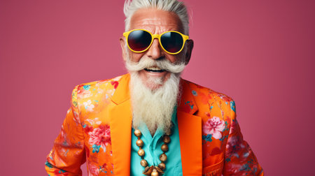 A jovial elderly gentleman with an on-trend wardrobe captured in a vivid setting.の素材
