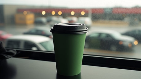 A reusable coffee cup is visible inside a motorway service station or cafÃ©.の素材
