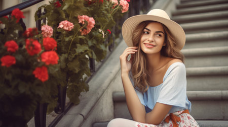 A vogue-conscious, joyous female with a summery ensemble and a straw hat, sitting on steps and strolling with blossoms in an urban thoroughfare, grins merrily.の素材