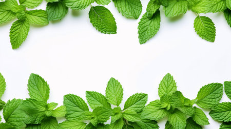 Minty, verdant leaves of peppermint isolated on bright white, top-down view with copious amounts of copy space.の素材