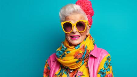 Vibrant grandmother exhibiting a fashionable flair and youthful aura in her colorful portrait.の素材