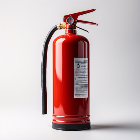A scarlet fire extinguisher isolated against a pallid background, connoting fire safety.の素材